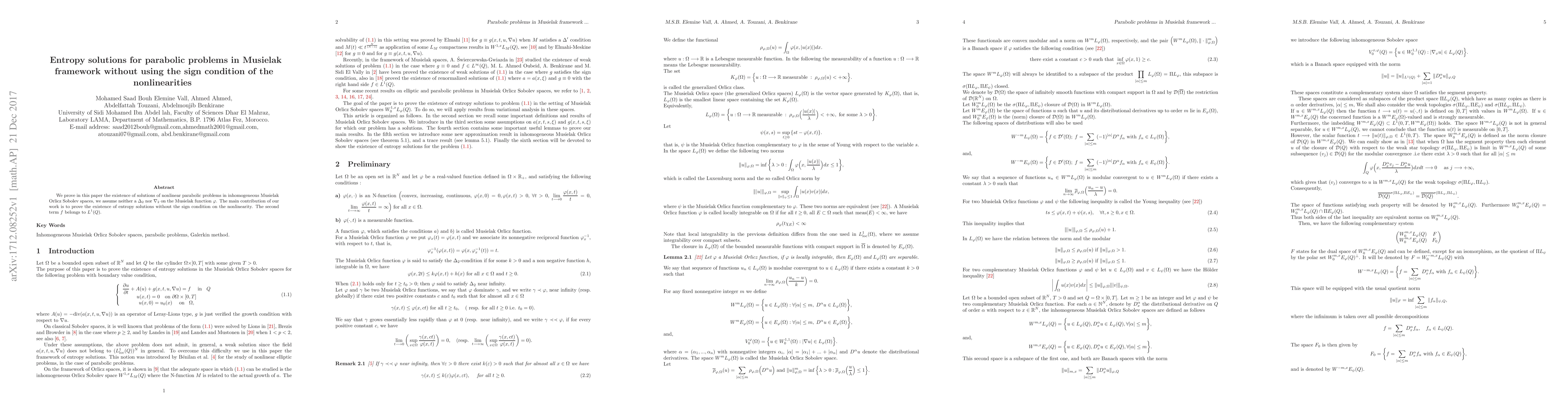 Thumbnail for Entropy solutions for parabolic problems in Musielak framework without
  using the sign condition of the nonlinearities