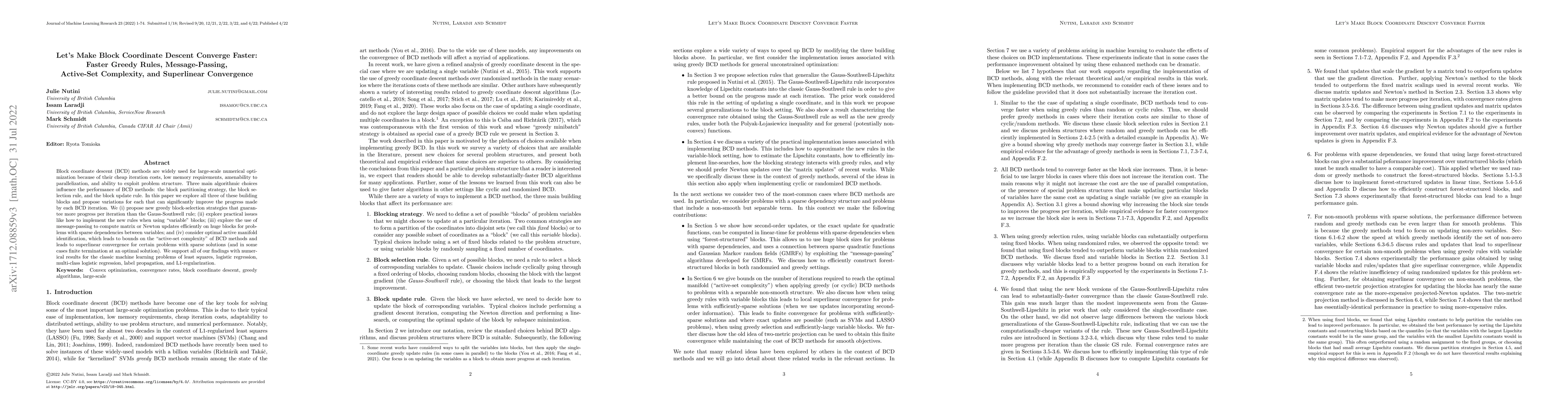 Thumbnail for Let's Make Block Coordinate Descent Converge Faster: Faster Greedy
  Rules, Message-Passing, Active-Set Complexity, and Superlinear Convergence