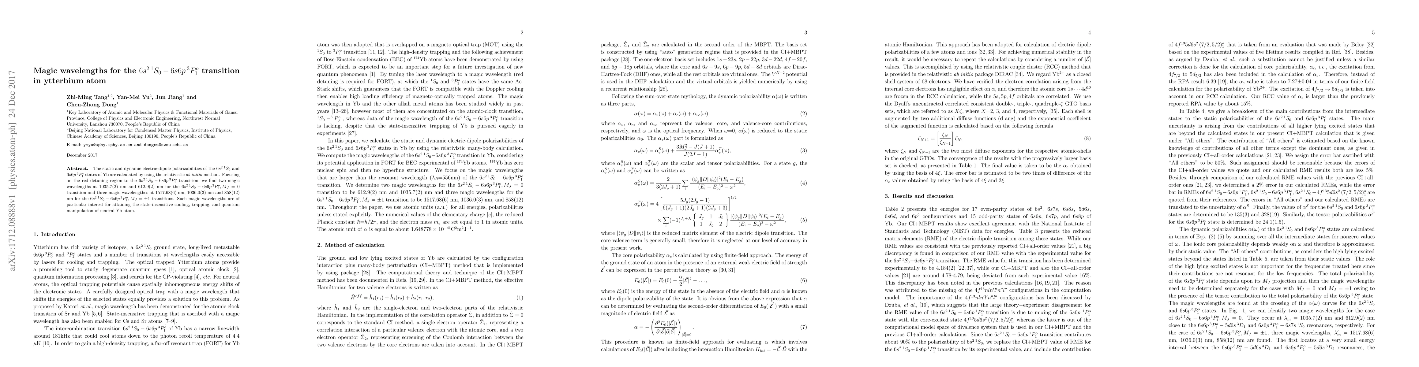 Thumbnail for Magic wavelengths for the $6s^2\,^1S_0-6s6p\,^3P_1^o$ transition in
  ytterbium atom