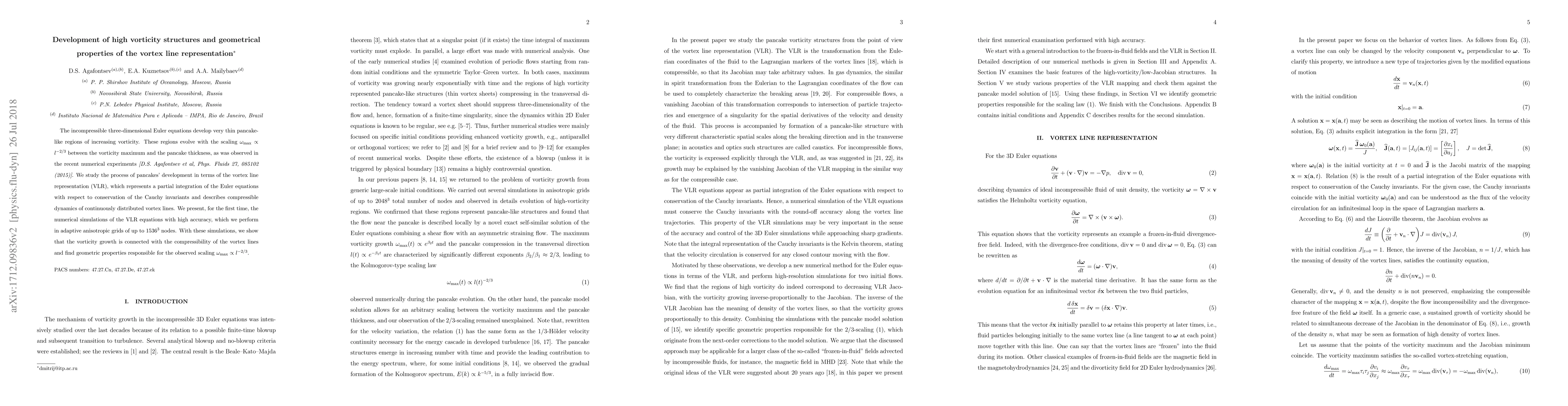Thumbnail for Development of high vorticity structures and geometrical properties of
  the vortex line representation