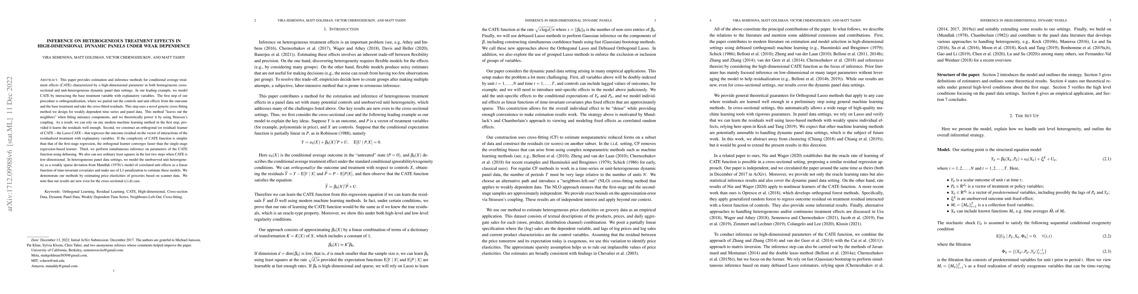 Thumbnail for Estimation and Inference on Heterogeneous Treatment Effects in
  High-Dimensional Dynamic Panels under Weak Dependence