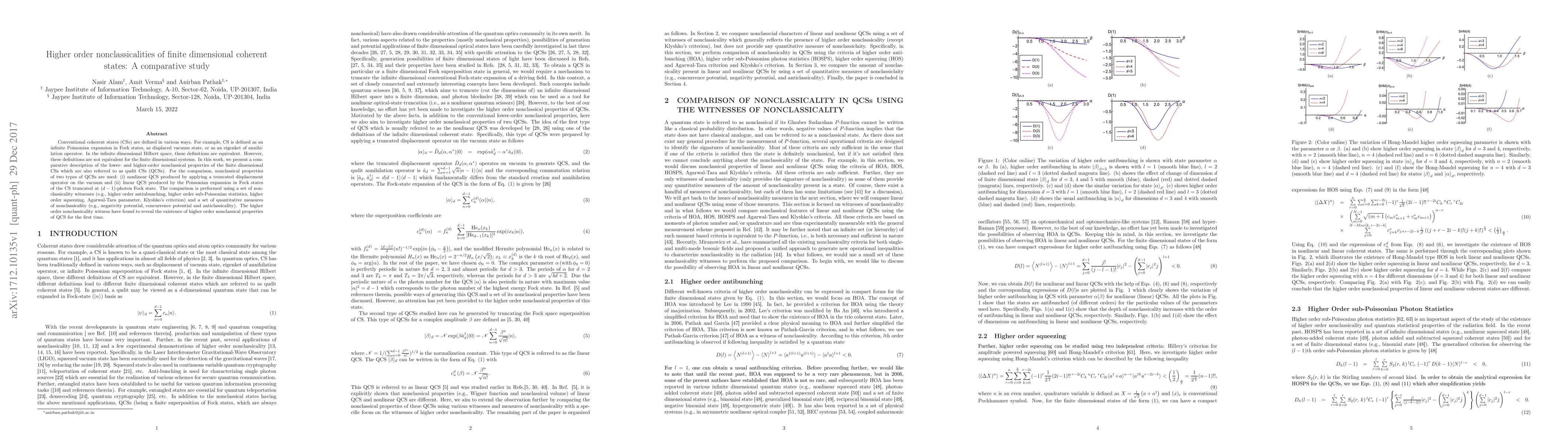 Thumbnail for Higher order nonclassicalities of finite dimensional coherent states: A
  comparative study