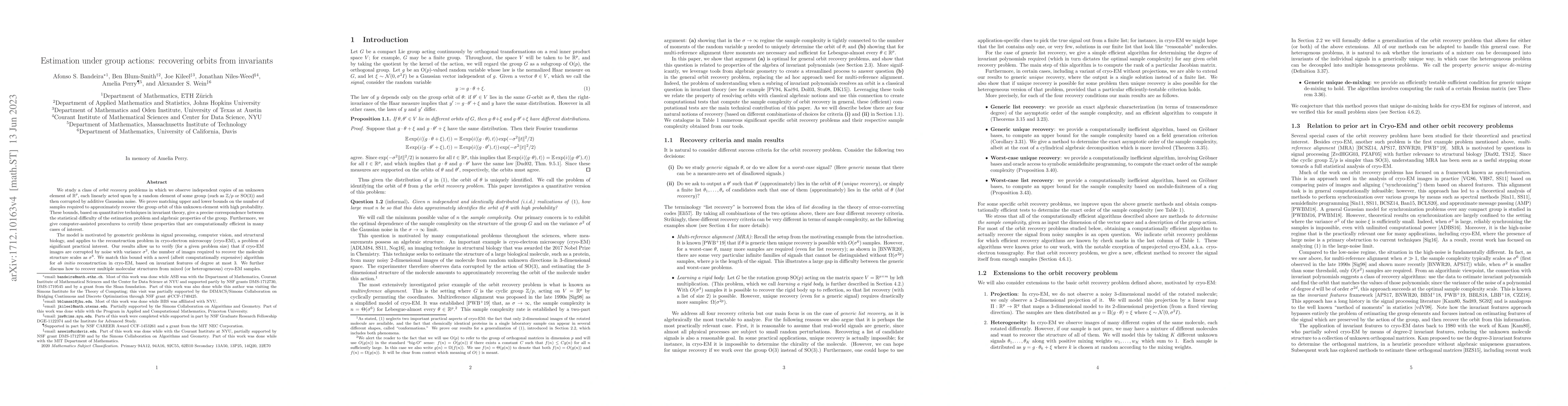 Thumbnail for Estimation under group actions: recovering orbits from invariants
