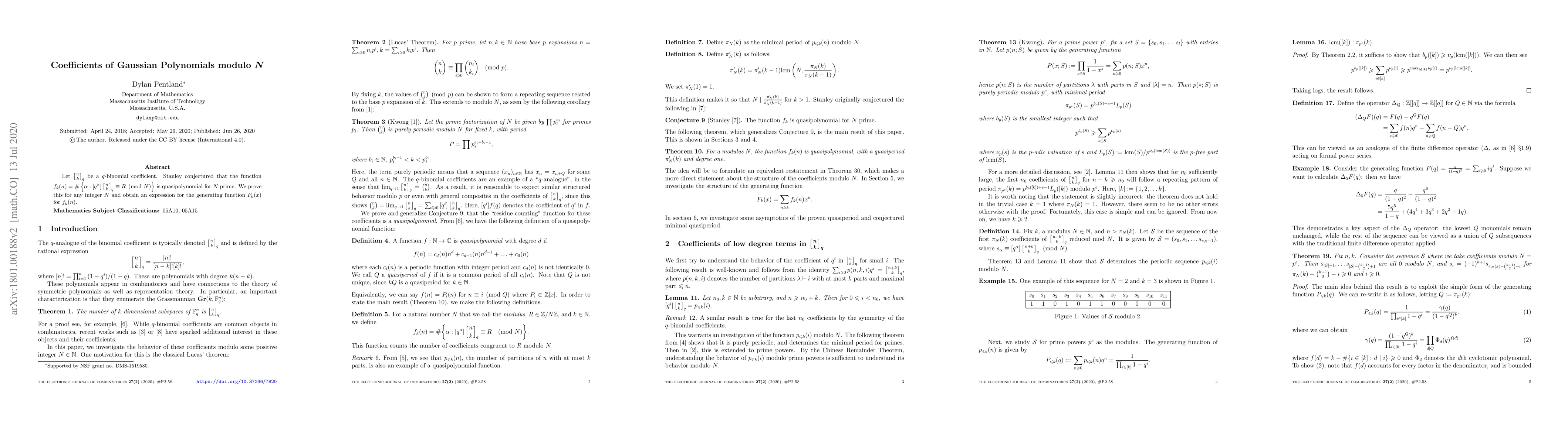 Thumbnail for Coefficients of Gaussian Polynomials Modulo $N$