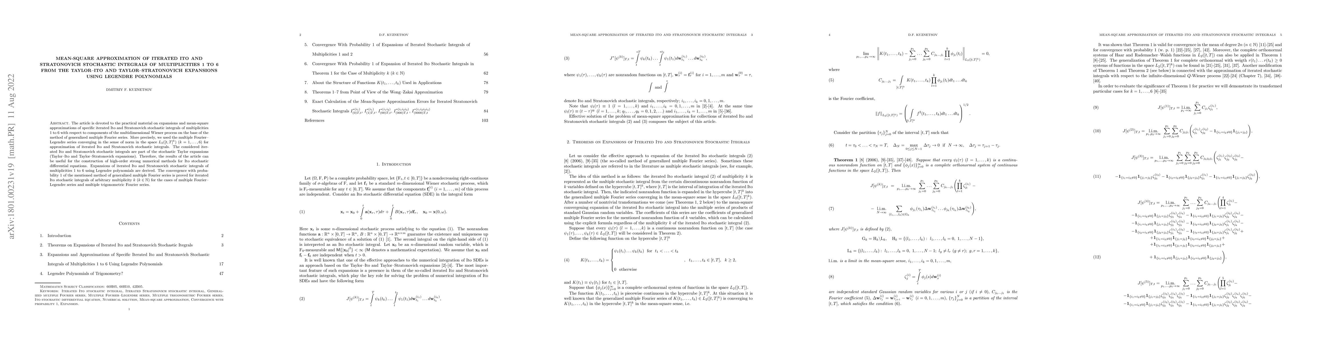 Thumbnail for Mean-Square Approximation of Iterated Ito and Stratonovich Stochastic
  Integrals of Multiplicities 1 to 6 from the Taylor-Ito and
  Taylor-Stratonovich Expansions Using Legendre Polynomials