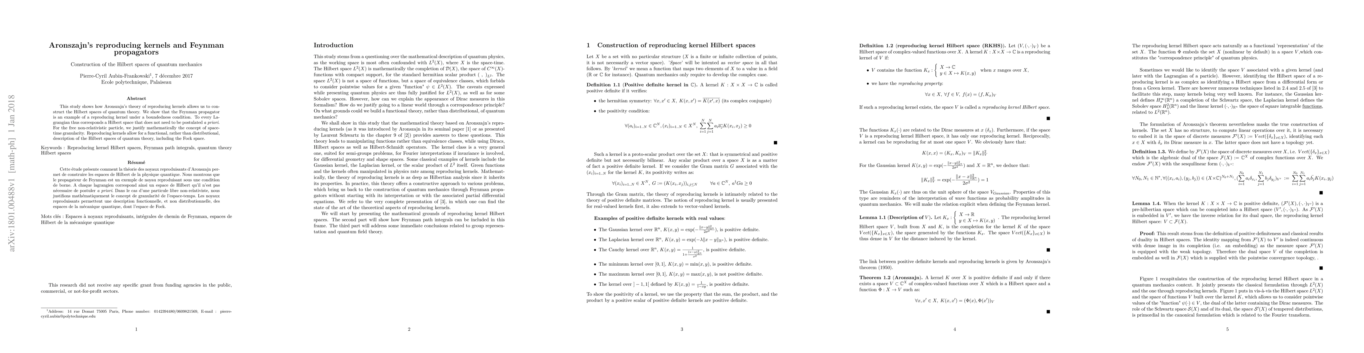 Thumbnail for Aronszajn's reproducing kernels and Feynman propagators