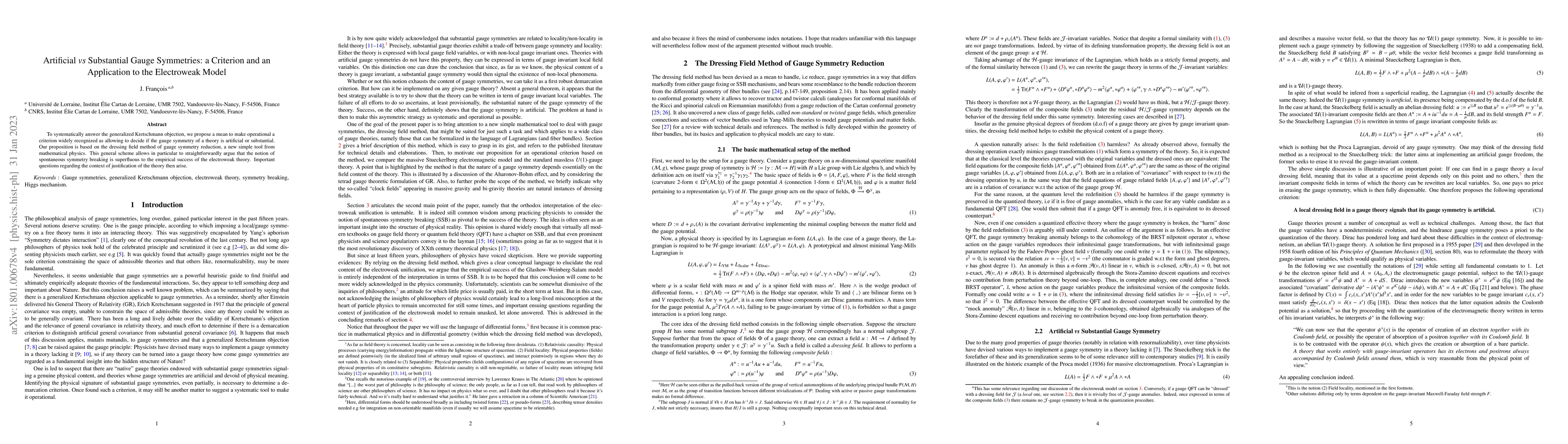 Thumbnail for Artificial vs Substantial Gauge Symmetries: a Criterion and an
  Application to the Electroweak Model