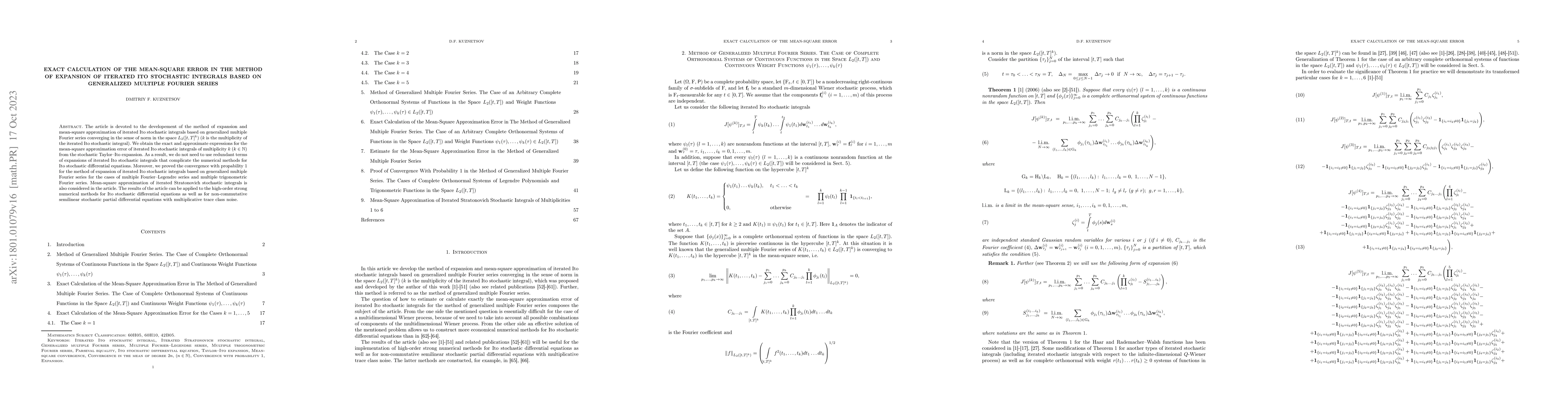 Thumbnail for Exact Calculation of the Mean-Square Error in the Method of Expansion of
  Iterated Ito Stochastic integrals Based on Generalized Multiple Fourier
  Series