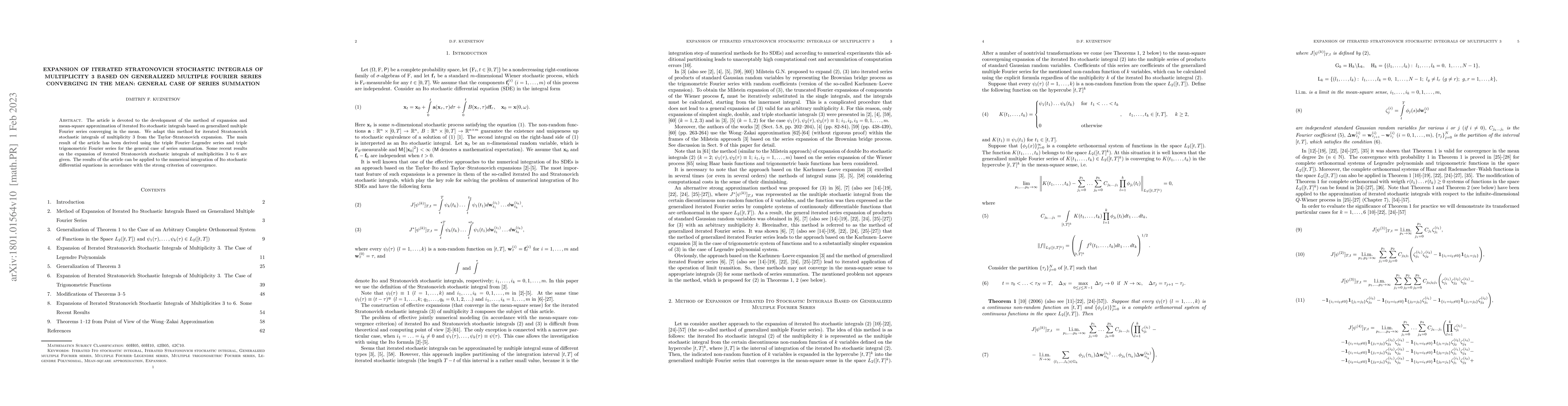 Thumbnail for Expansion of Iterated Stratonovich Stochastic Integrals of Multiplicity
  3 Based on Generalized Multiple Fourier Series Converging in the Mean:
  General Case of Series Summation