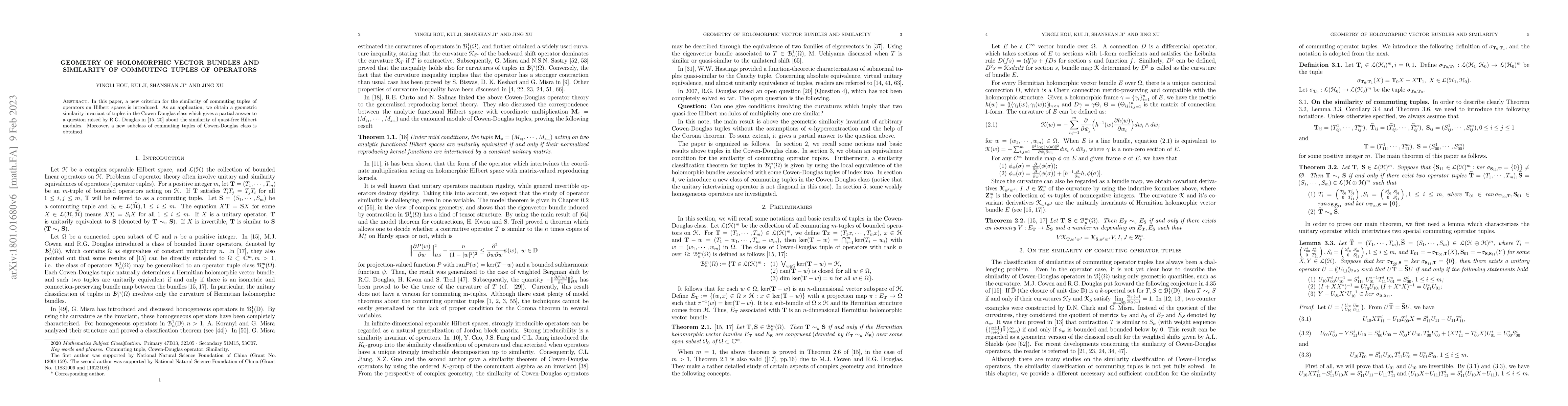 Thumbnail for Geometry of holomorphic vector bundles and similarity of commuting
  operator tuples