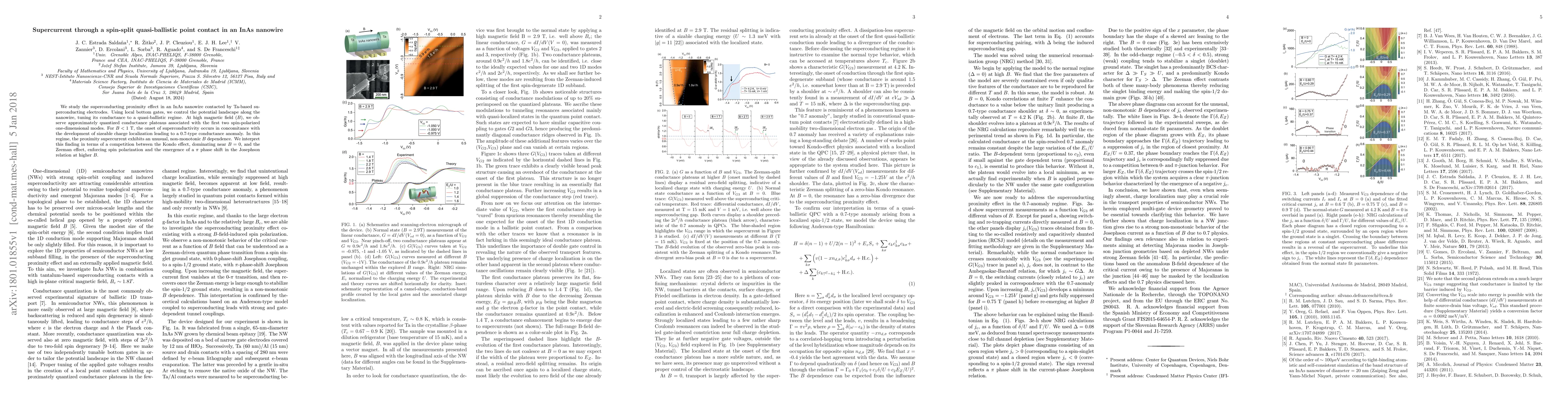 Thumbnail for Supercurrent through a spin-split quasi-ballistic point contact in an
  InAs nanowire