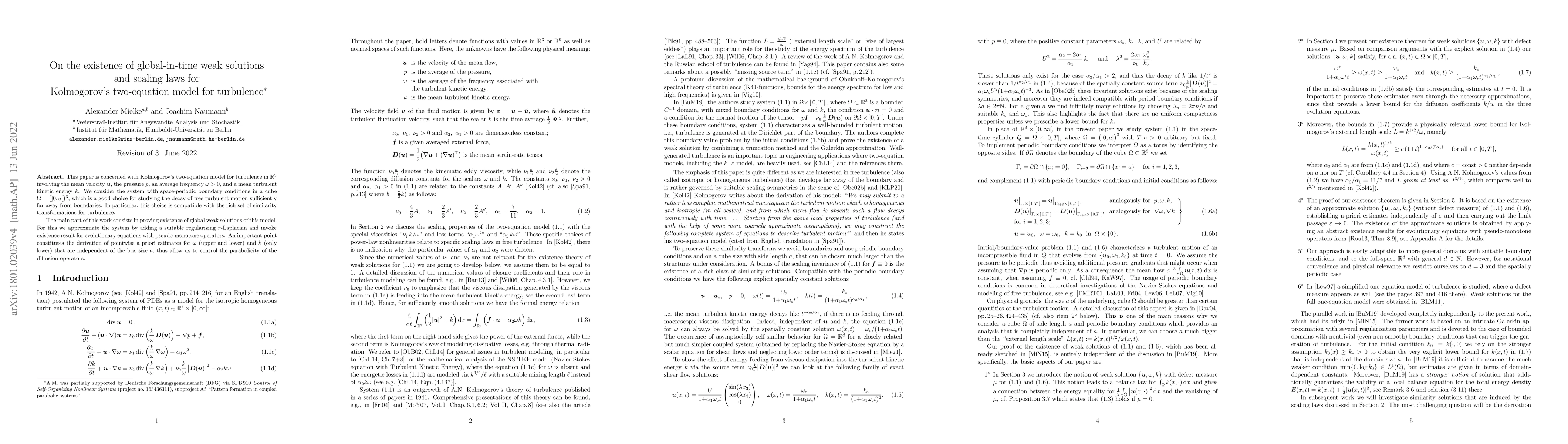 Thumbnail for On the existence of global-in-time weak solutions and scaling laws for
  Kolmogorov's two-equation model of turbulence