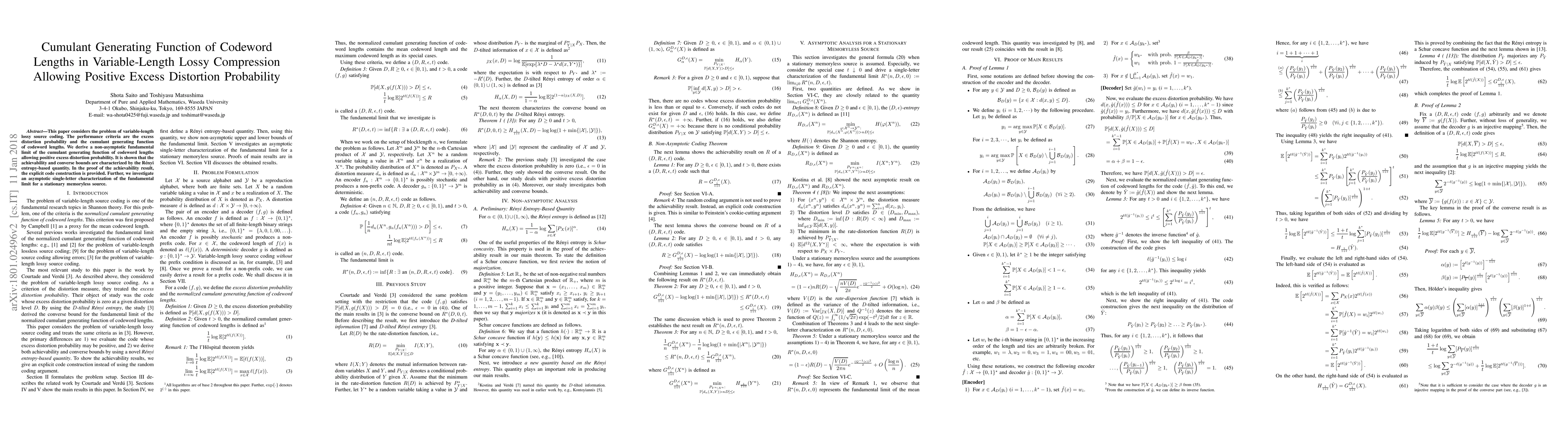 Thumbnail for Cumulant Generating Function of Codeword Lengths in Variable-Length
  Lossy Compression Allowing Positive Excess Distortion Probability