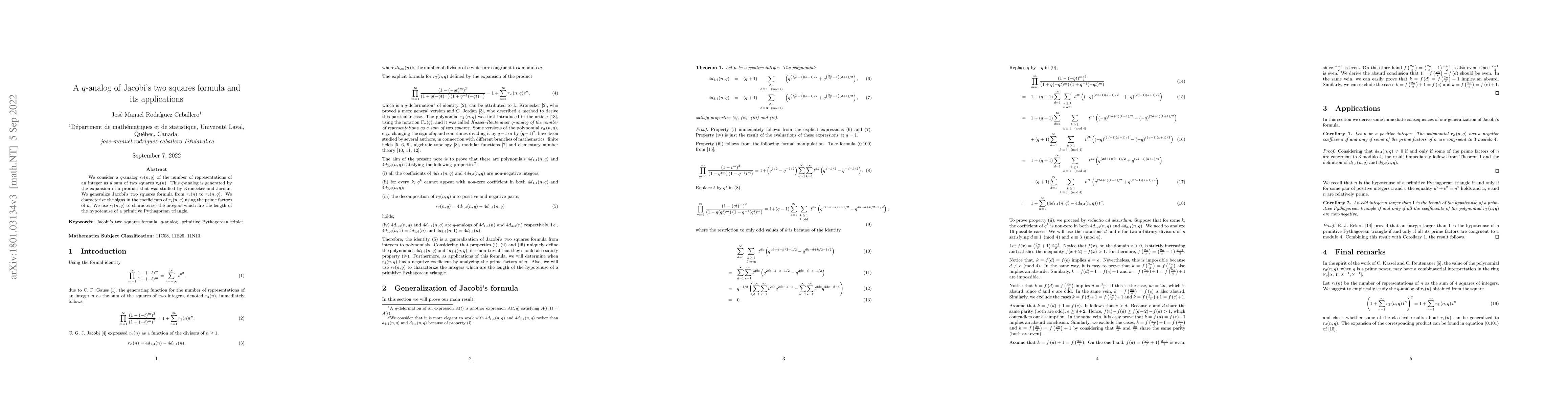 Thumbnail for A $q$-analog of Jacobi's two squares formula and its applications