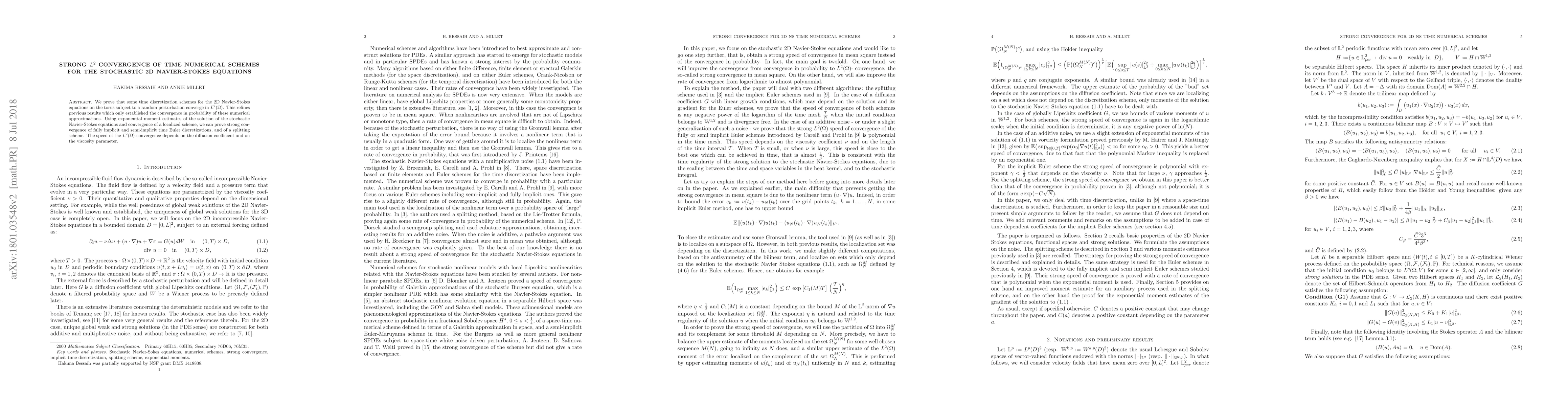 Thumbnail for On strong $L^2$ convergence of time numerical schemes for the stochastic
  2D Navier-Stokes equations