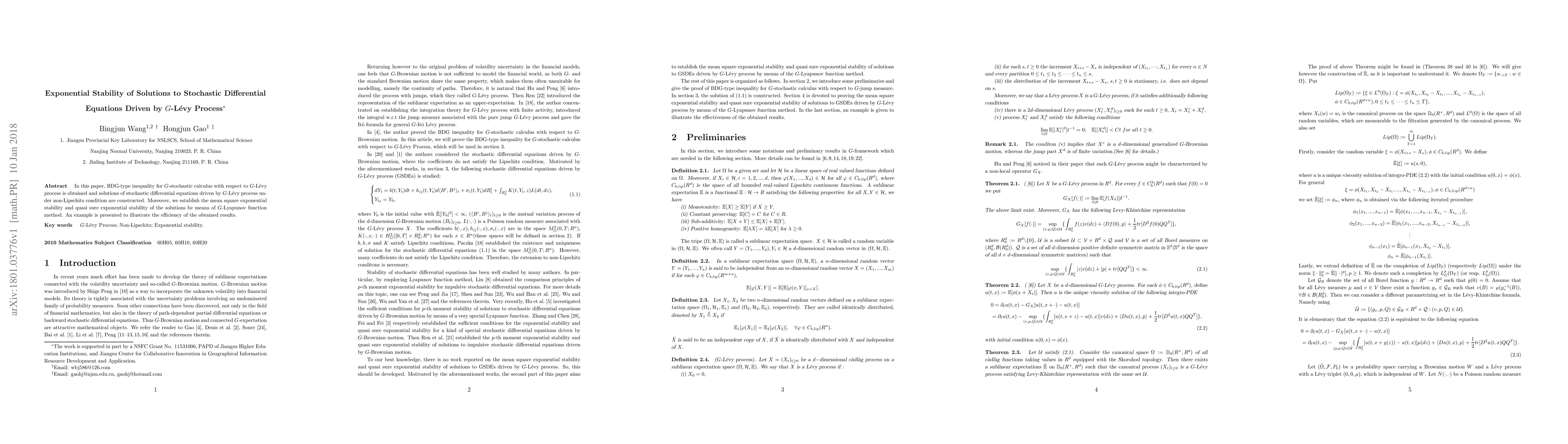 Thumbnail for Exponential Stability of Solutions to Stochastic Differential Equations
  Driven by G-Levy Process
