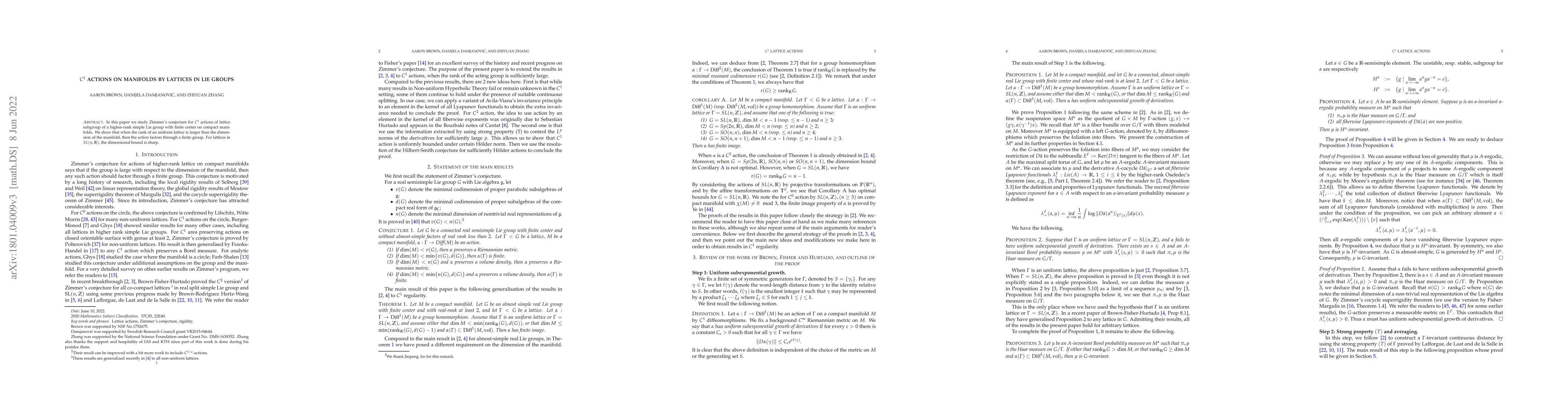 Thumbnail for $C^1$ actions on manifolds by lattices in Lie groups