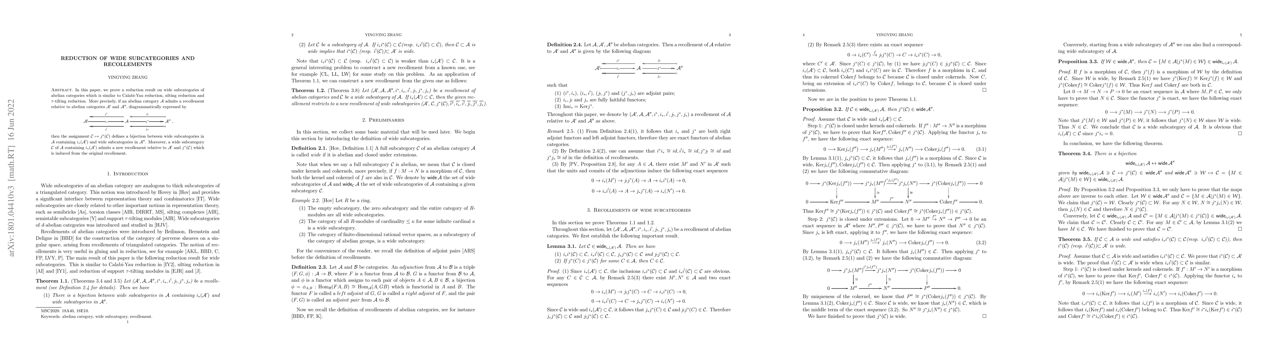 Thumbnail for Reduction of wide subcategories and recollements