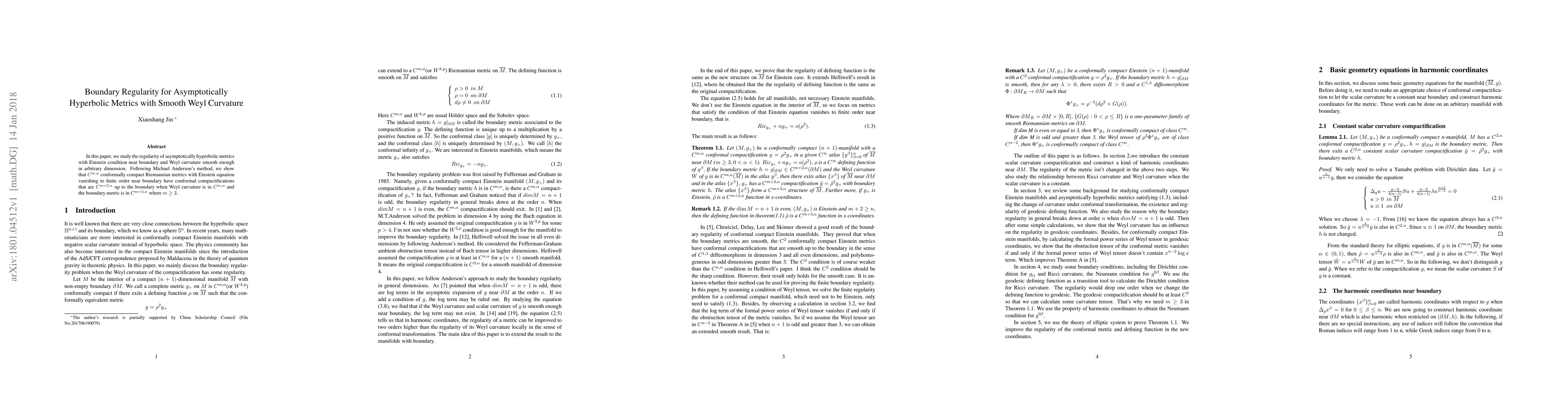 Thumbnail for Boundary Regularity for Asymptotically Hyperbolic Metrics with Smooth
  Weyl Curvature