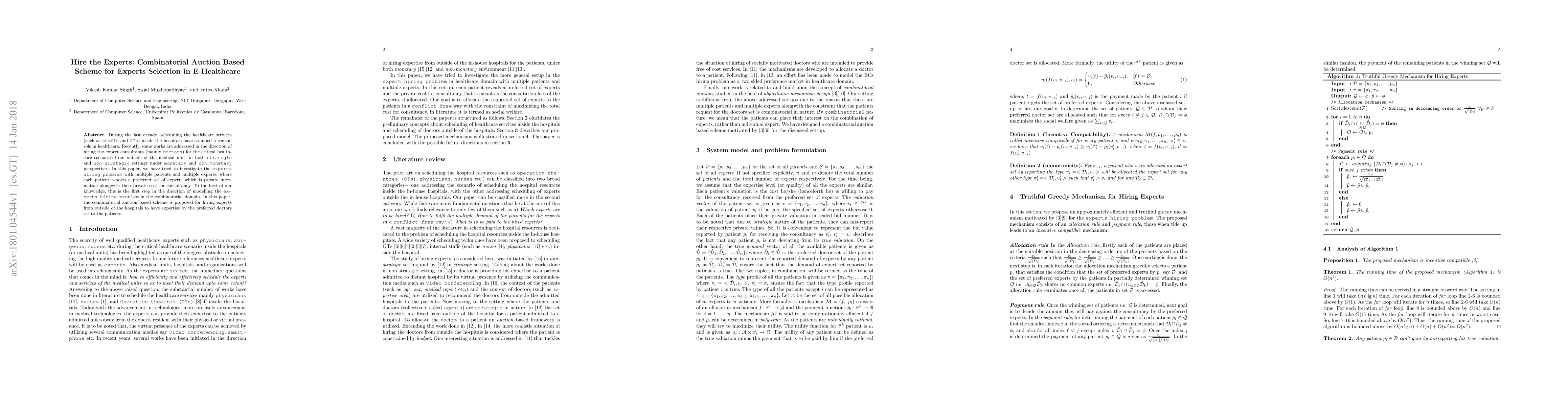 Thumbnail for Hire the Experts: Combinatorial Auction Based Scheme for Experts
  Selection in E-Healthcare