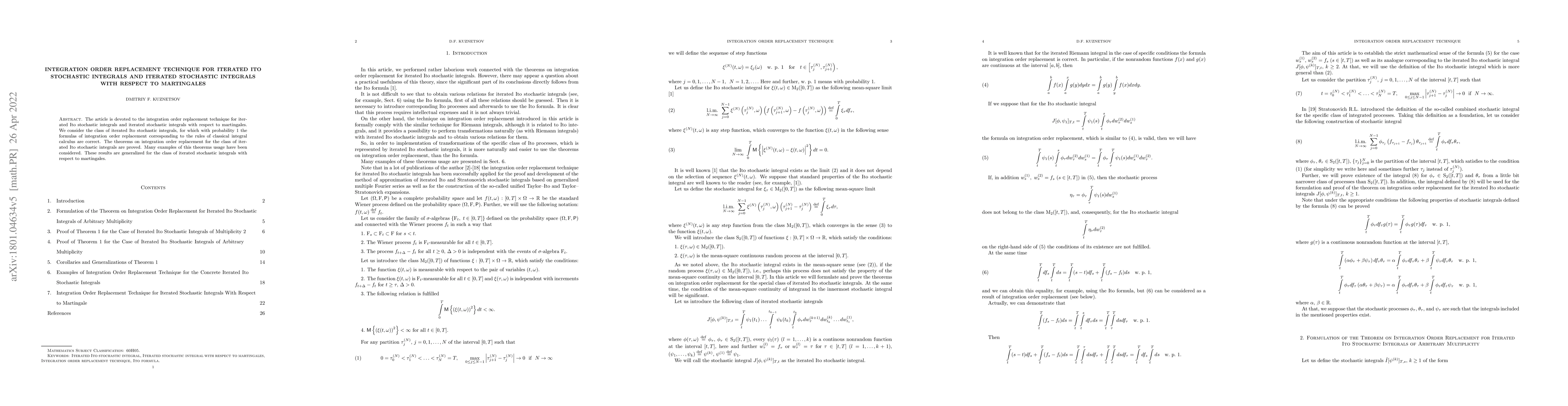 Thumbnail for Integration Order Replacement Technique for Iterated Ito Stochastic
  Integrals and Iterated Stochastic Integrals With Respect to Martingales