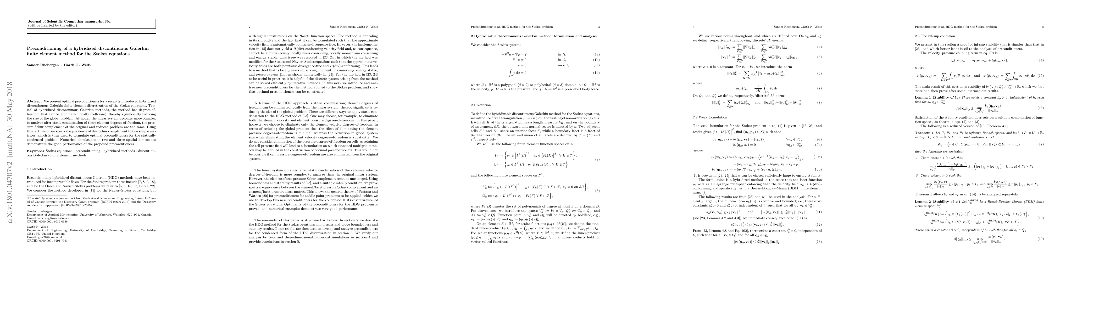 Thumbnail for Preconditioning of a hybridized discontinuous Galerkin finite element
  method for the Stokes equations