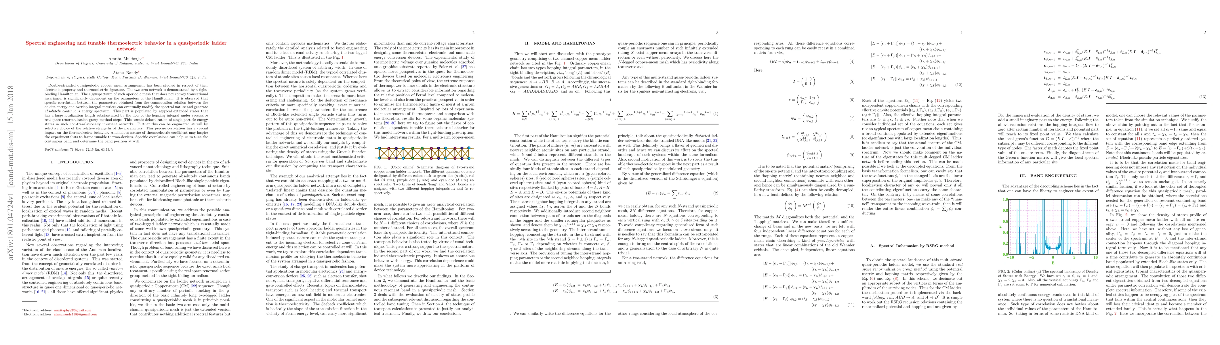 Thumbnail for Spectral engineering and tunable thermoelectric behavior in a
  quasiperiodic ladder network