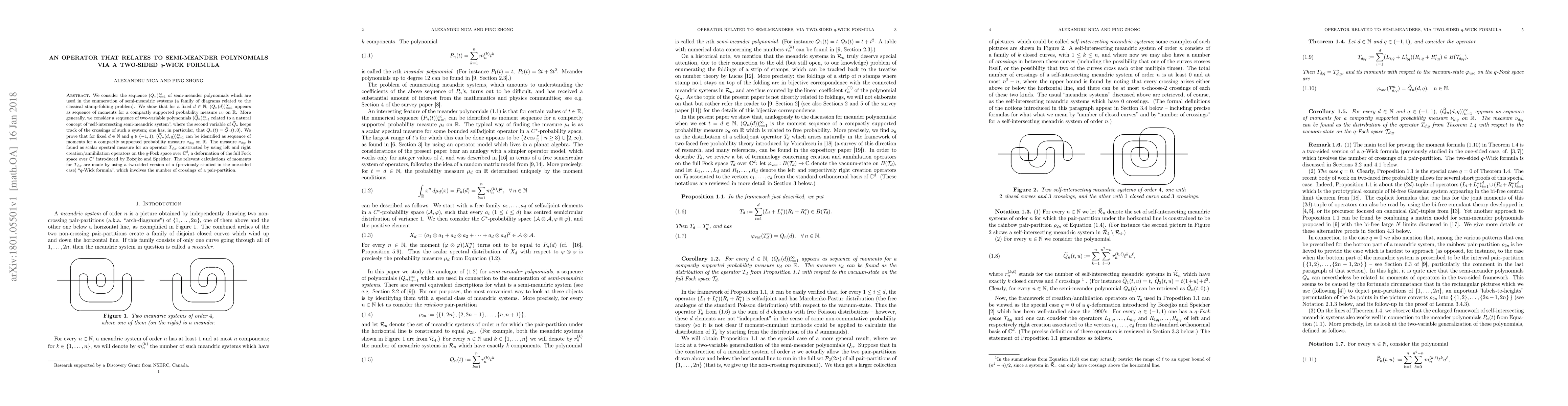 Thumbnail for An operator that relates to semi-meander polynomials via a two-sided
  q-Wick formula