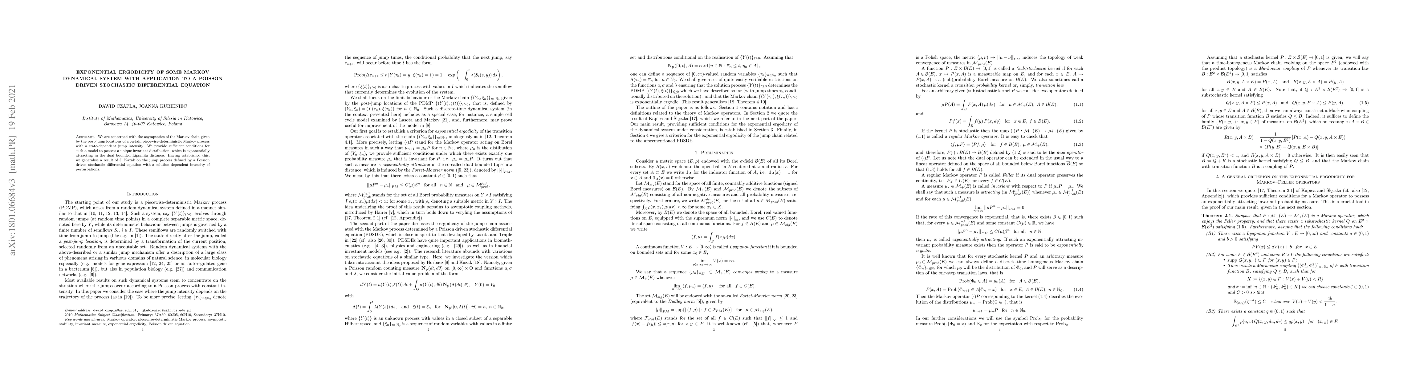 Thumbnail for Exponential ergodicity of some Markov dynamical system with application
  to a Poisson driven stochastic differential equation
