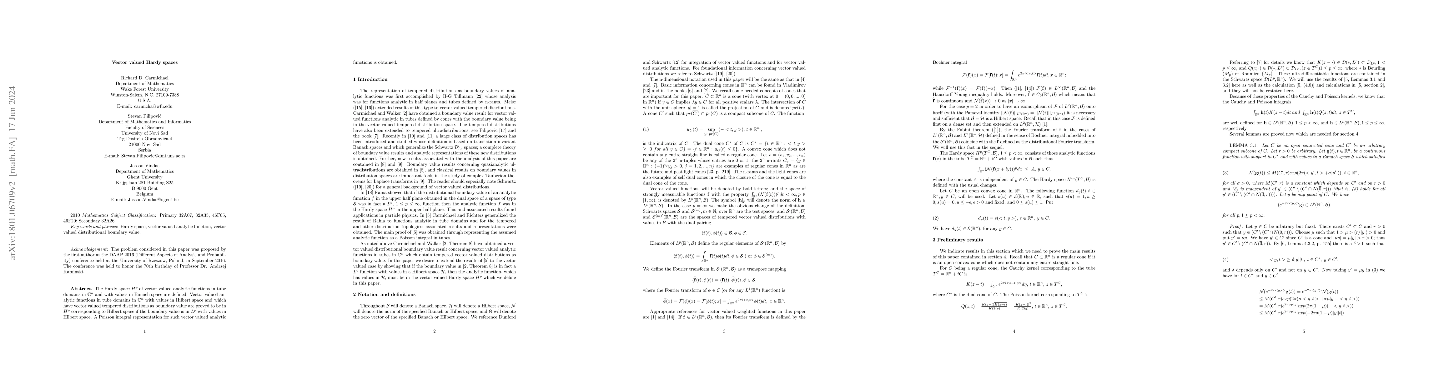 Thumbnail for Vector valued Hardy spaces related to analytic functions having
  distributional boundary values