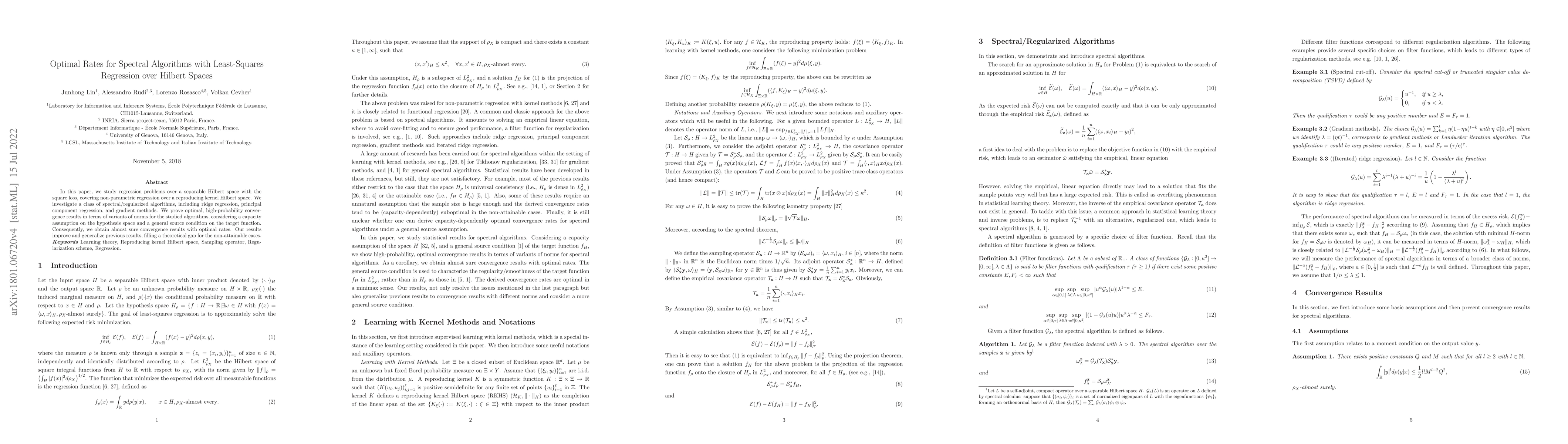 Thumbnail for Optimal Rates for Spectral Algorithms with Least-Squares Regression over
  Hilbert Spaces