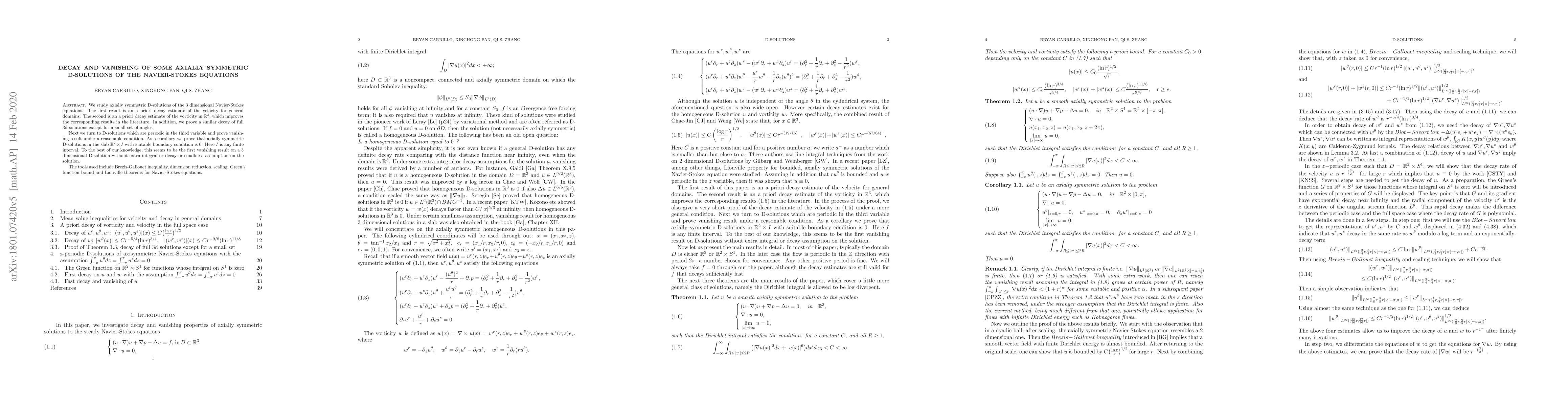 Thumbnail for Decay and vanishing of some axially symmetric D-solutions of the
  Navier-Stokes equations