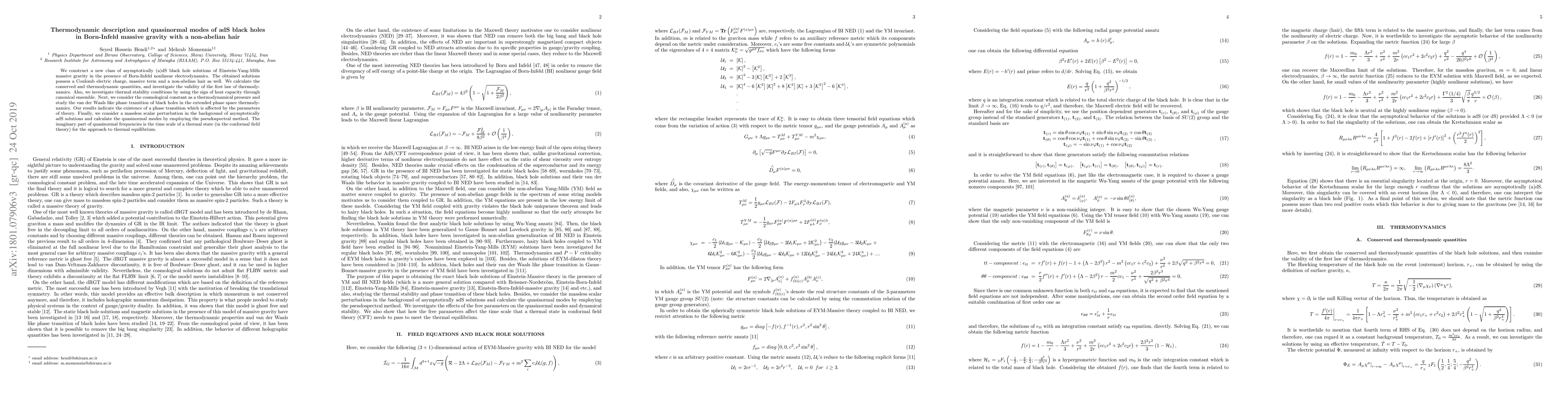 Thumbnail for Thermodynamic description and quasinormal modes of adS black holes in
  Born-Infeld massive gravity with a non-abelian hair