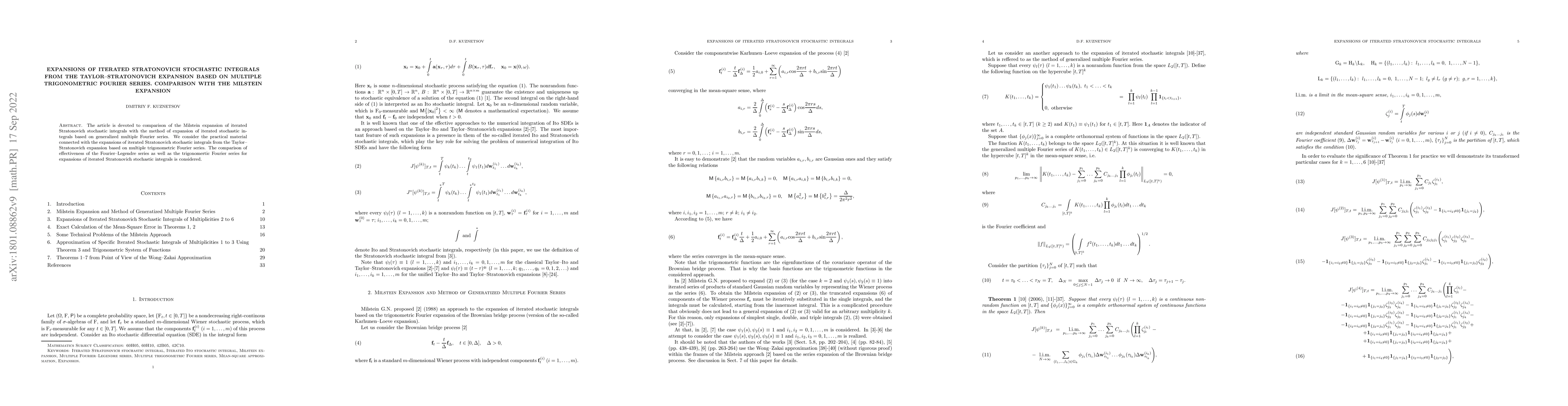 Thumbnail for Expansions of Iterated Stratonovich Stochastic Integrals from the
  Taylor-Stratonovich Expansion, Based on Multiple Trigonometric Fourier
  Series. Comparison With the Milstein Expansion
