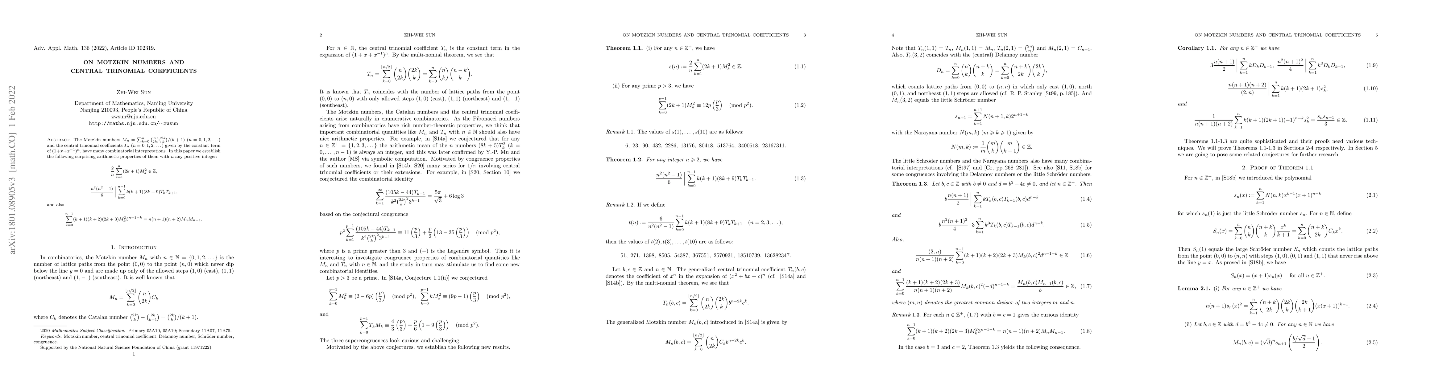 Thumbnail for On Motzkin numbers and central trinomial coefficients