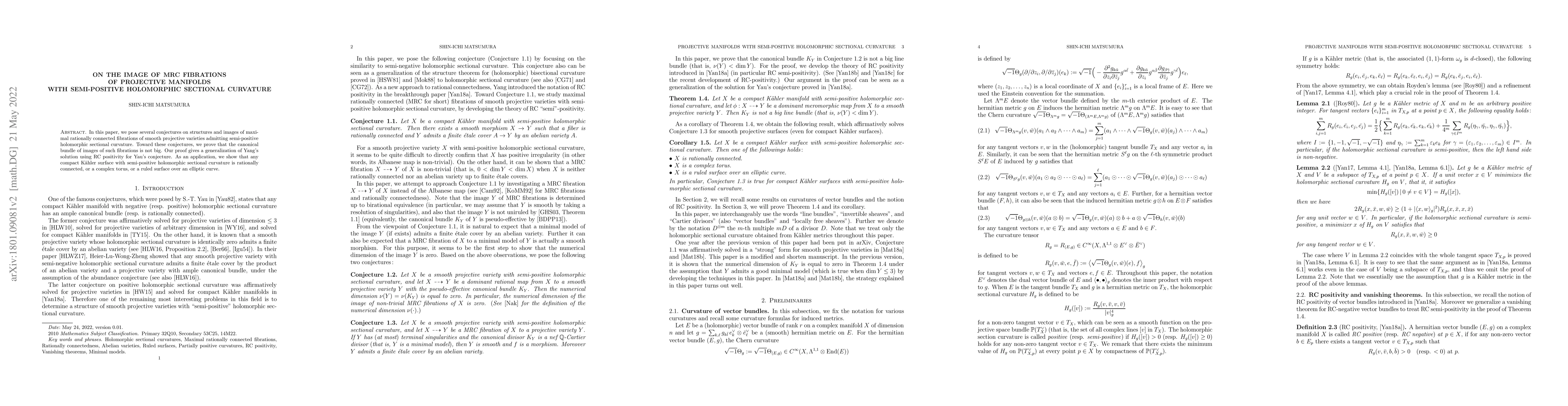 Thumbnail for On the image of MRC fibrations of projective manifolds with
  semi-positive holomorphic sectional curvature