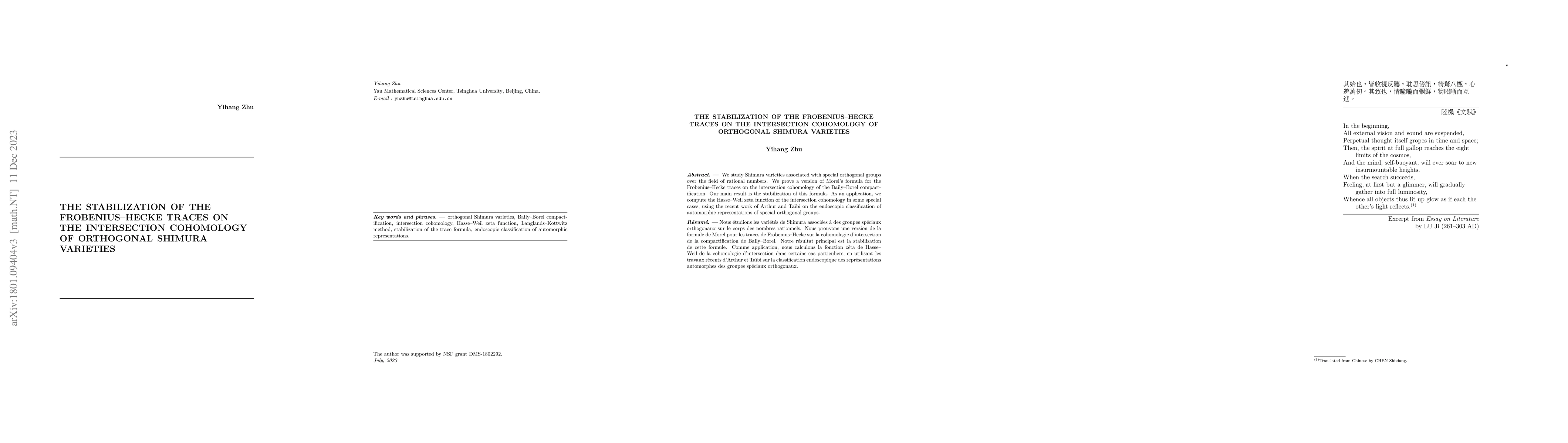 Thumbnail for The stabilization of the Frobenius--Hecke traces on the intersection
  cohomology of orthogonal Shimura varieties
