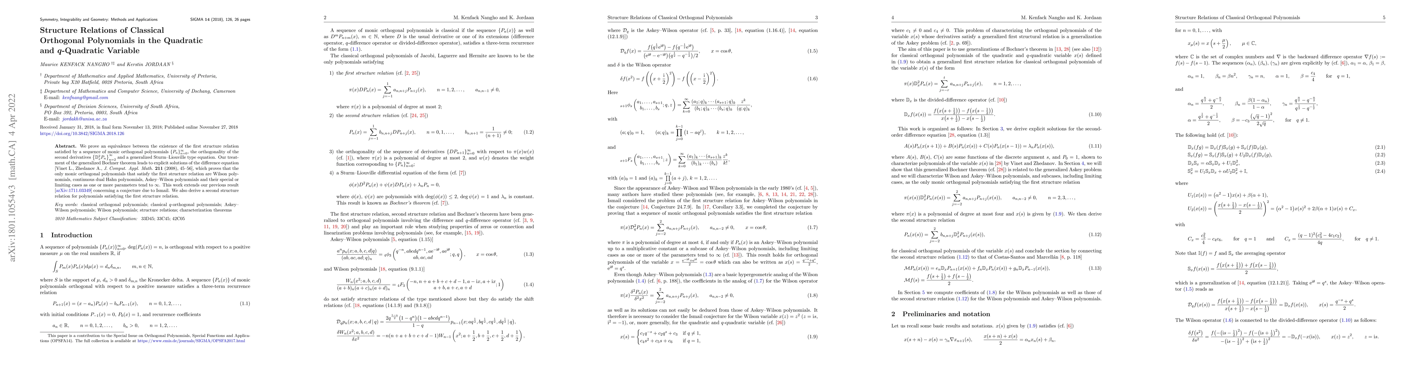 Thumbnail for Structure Relations of Classical Orthogonal Polynomials in the Quadratic
  and $q$-Quadratic Variable