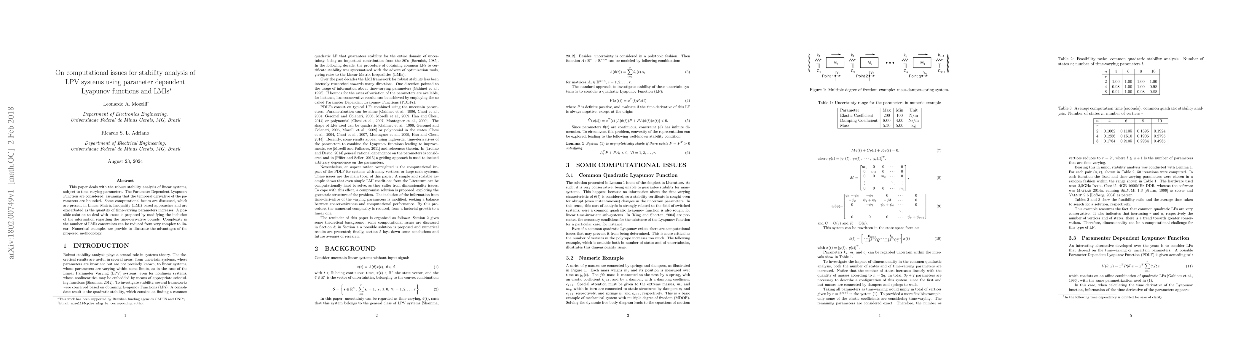 Thumbnail for On computational issues for stability analysis of LPV systems using
  parameter dependent Lyapunov functions and LMIs