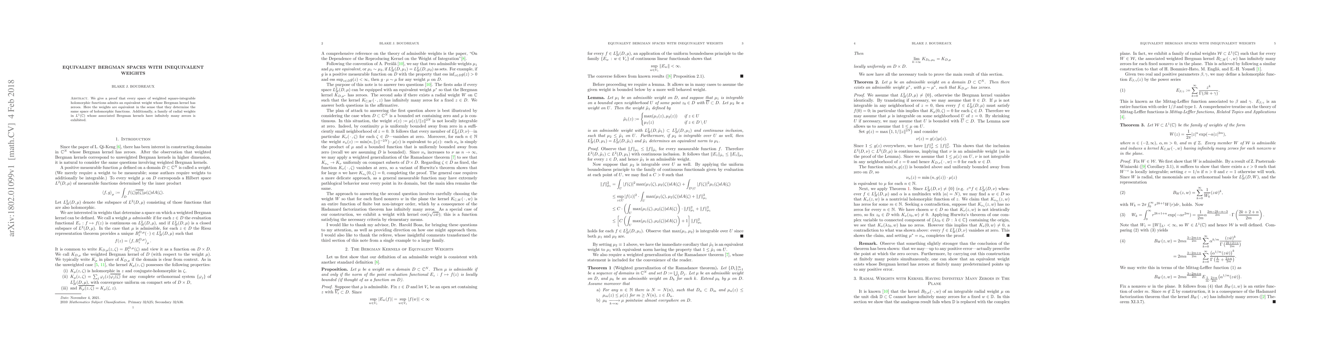 Thumbnail for Equivalent Bergman Spaces with Inequivalent Weights