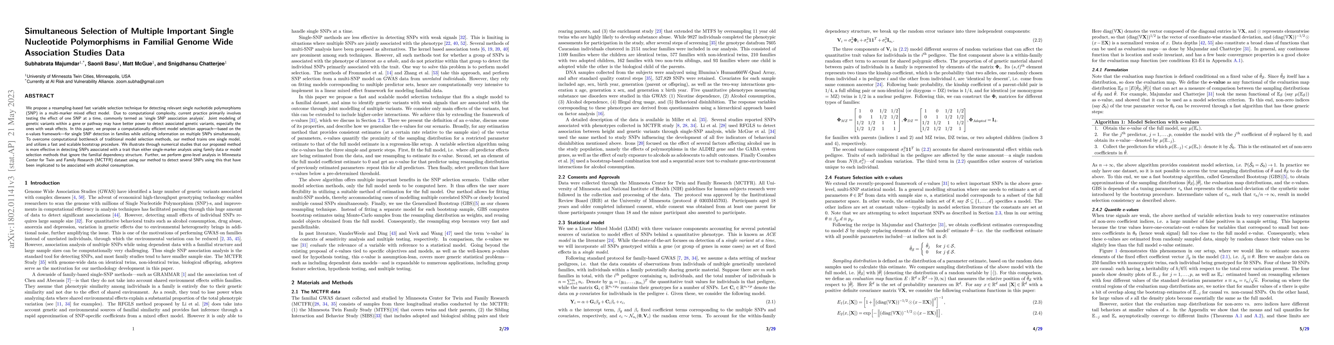 Thumbnail for Simultaneous Selection of Multiple Important Single Nucleotide
  Polymorphisms in Familial Genome Wide Association Studies Data