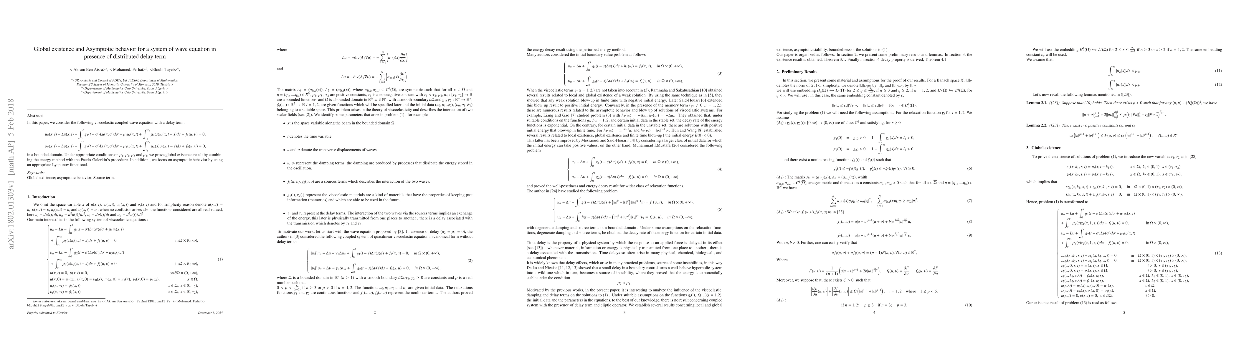 Thumbnail for Global existence and Asymptotic behavior for a system of wave equation
  in presence of distributed delay term