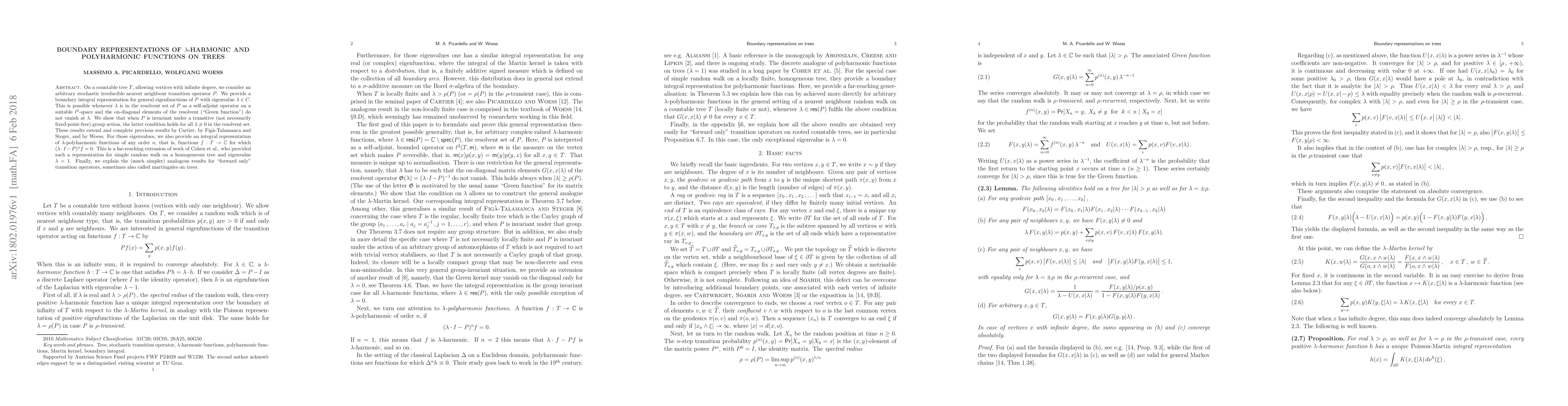 Thumbnail for Boundary representations of $\lambda$-harmonic and polyharmonic
  functions on trees