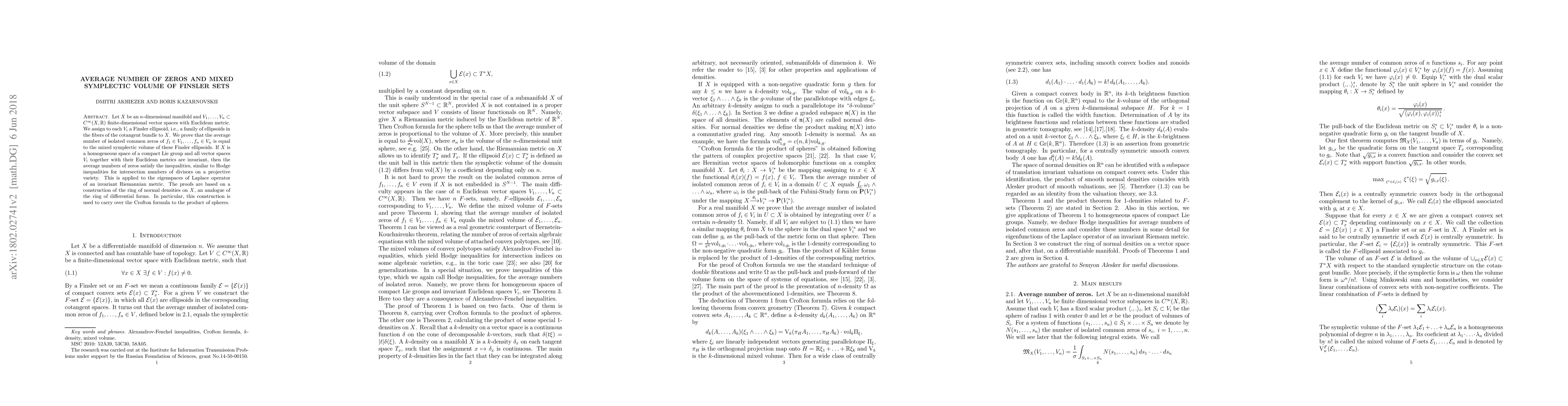 Thumbnail for Average number of zeros and mixed symplectic volume of Finsler sets