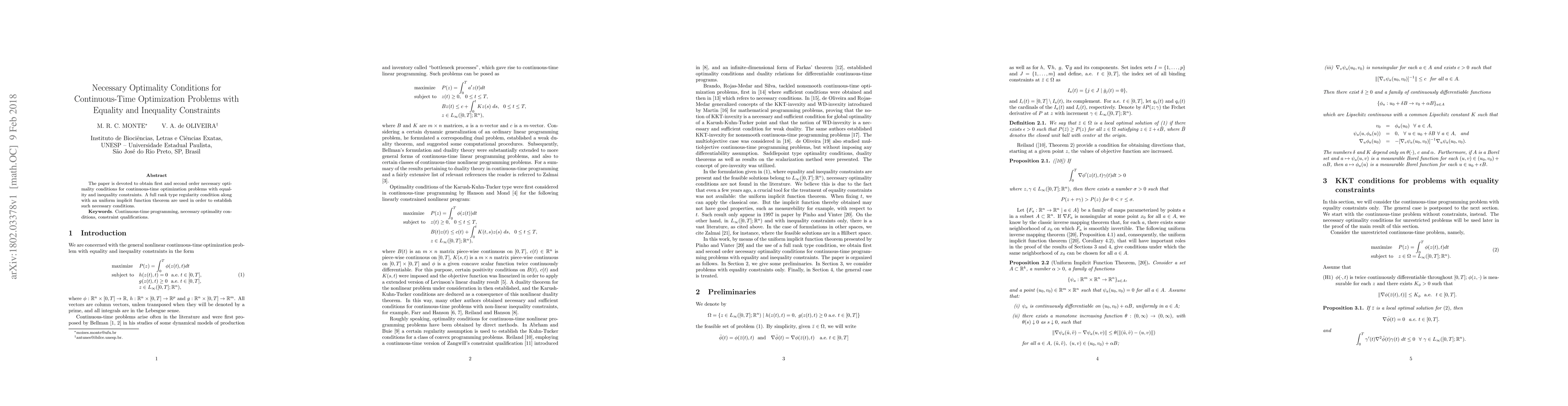 Thumbnail for Necessary Optimality Conditions for Continuous-Time Optimization
  Problems with Equality and Inequality Constraints