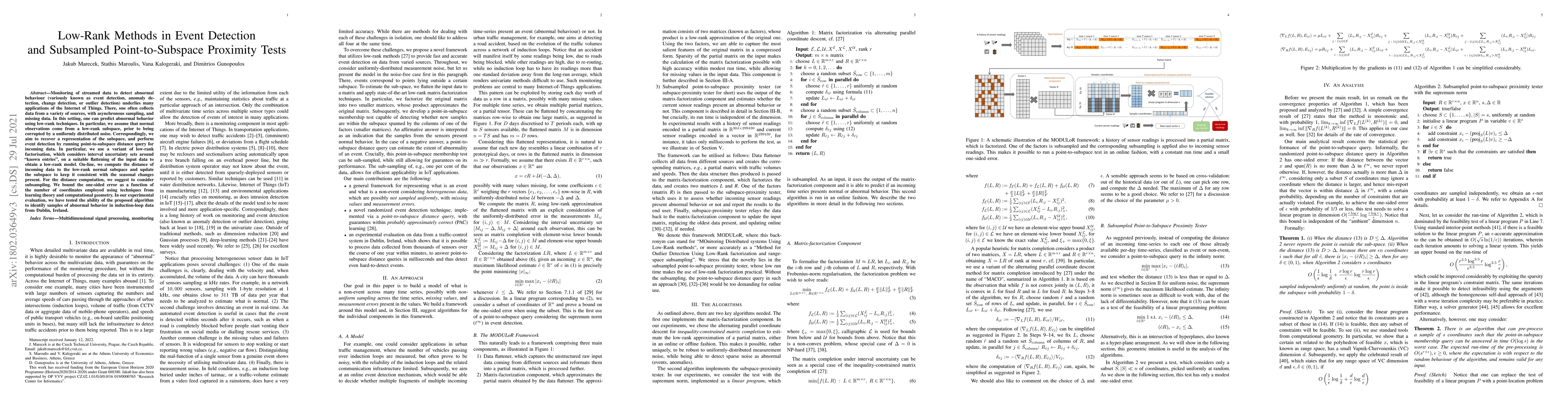 Thumbnail for Low-Rank Methods in Event Detection and Subsampled Point-to-Subspace
  Proximity Tests