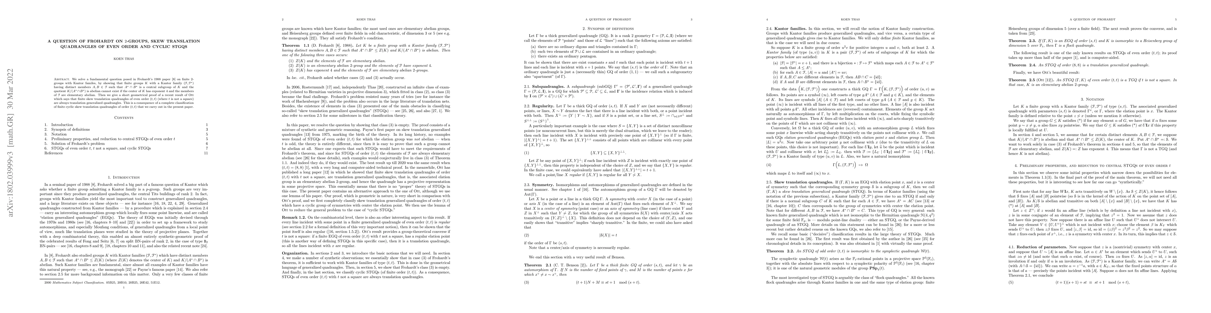Thumbnail for A question of Frohardt on $2$-groups, skew translation quadrangles of
  even order and cyclic STGQs