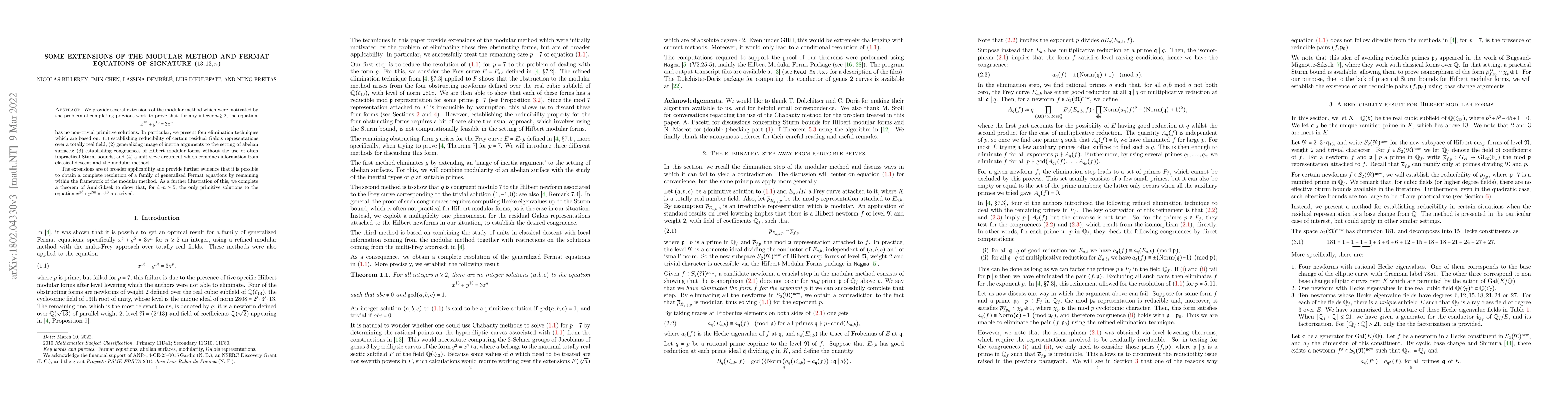 Thumbnail for Some extensions of the modular method and Fermat equations of signature
  $(13,13,n)$