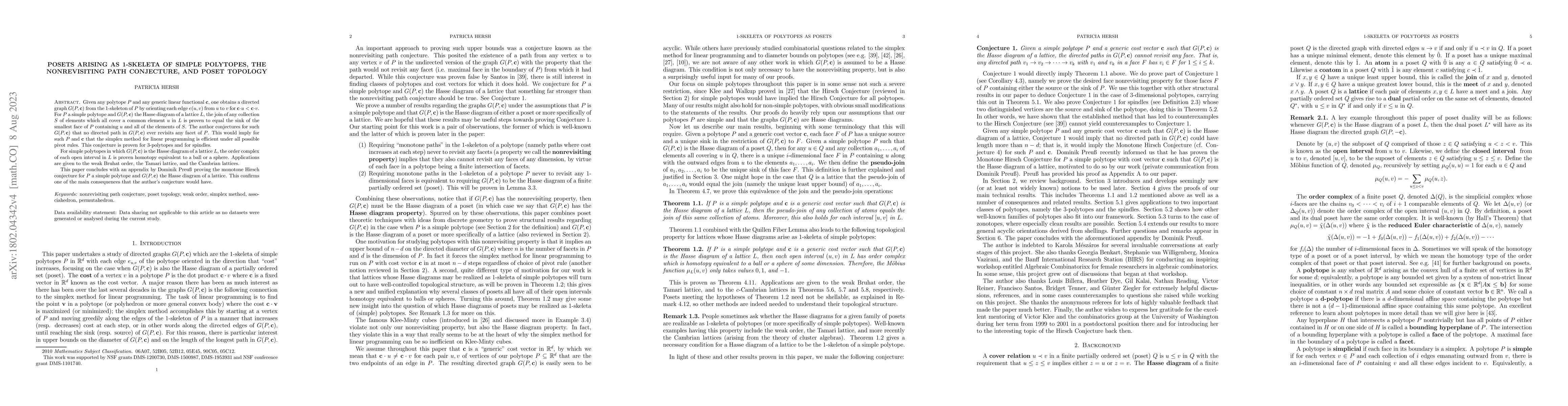 Thumbnail for Posets arising as 1-skeleta of simple polytopes, the nonrevisiting path
  conjecture, and poset topology