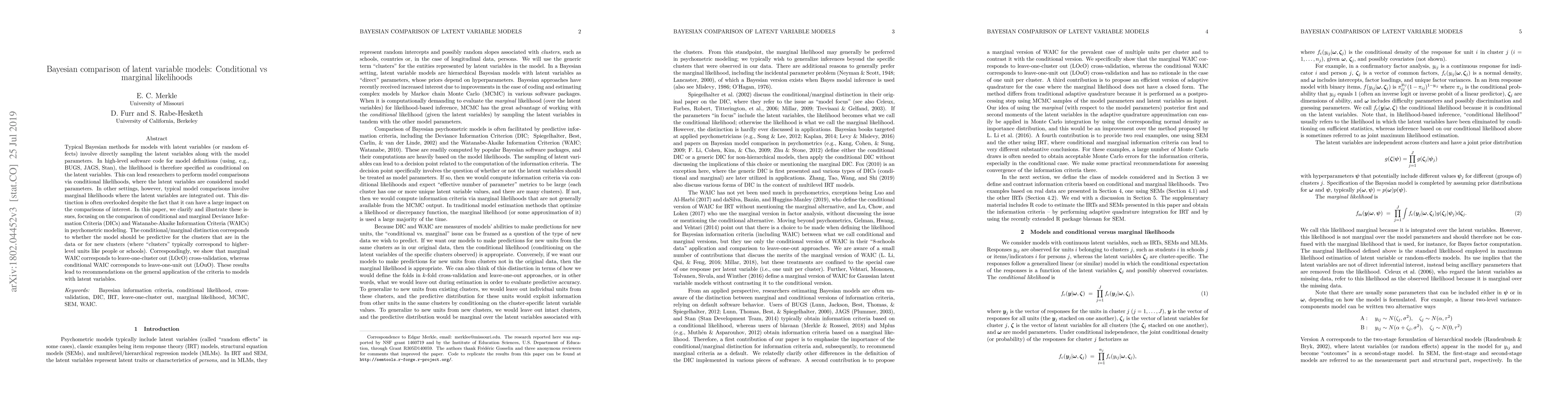 Thumbnail for Bayesian comparison of latent variable models: Conditional vs marginal
  likelihoods